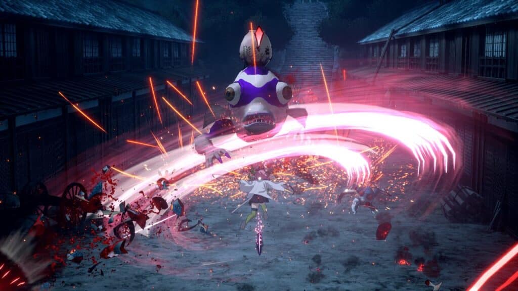 A warrior from Demon Slayer -Kimetsu no Yaiba- The Hinokami Chronicles 2 battles a massive cyclopean monster, slashing enemies with glowing pink blades in a moonlit village.