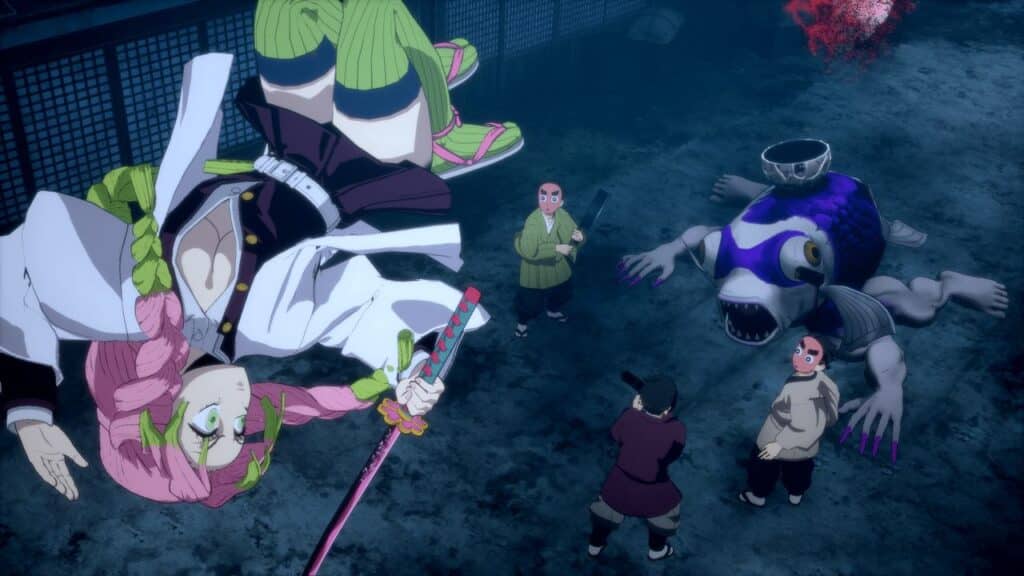 A pink-haired anime girl hangs upside down above three people facing a large blue fish monster on the ground, reminiscent of intense battles in Demon Slayer -Kimetsu no Yaiba- The Hinokami Chronicles 2.