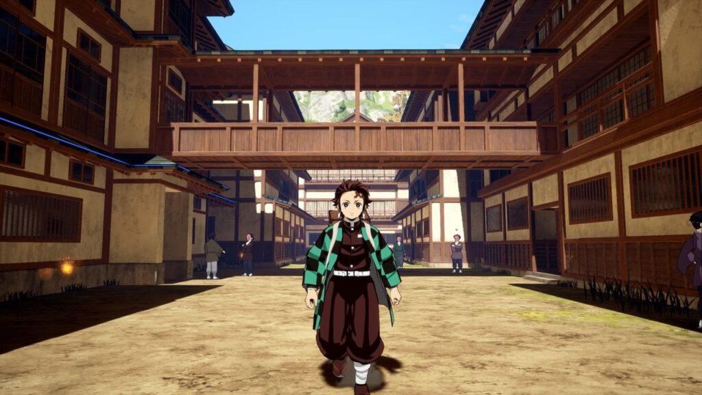 An anime character from Demon Slayer -Kimetsu no Yaiba- The Hinokami Chronicles 2 in a checkered haori walks through a courtyard surrounded by traditional wooden buildings.