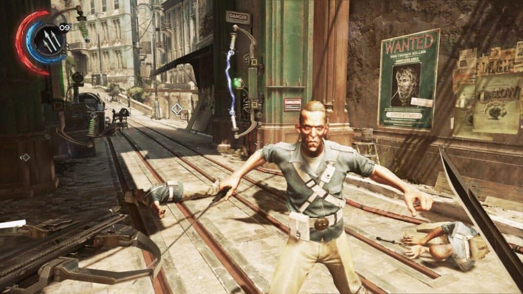 A scene from Dishonored 2 on GOG games on Amazon Luna shows an armed guard attacking on a sunlit city street with two bodies nearby.