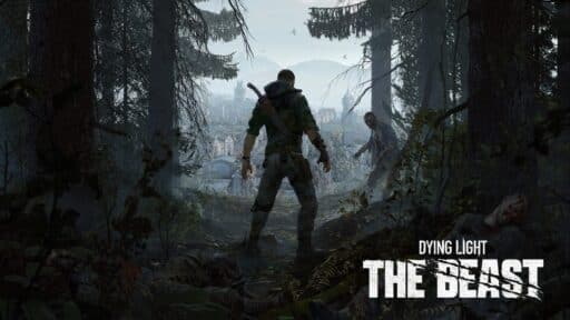 A survivor with a weapon faces a zombie in a forest, city visible in the background. Experience Dying Light The Beast on GeForce NOW RTX 5080 for stunning visuals. Text: Dying Light The Beast.