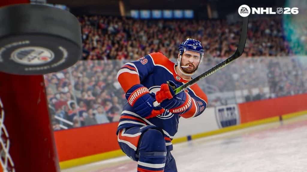Connor McDavid shoots a puck toward the net in EA Sports NHL 26, capturing the excitement and realism of the game.