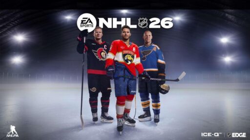 Three ice hockey players in NHL uniforms pose on an ice rink beneath the EA Sports NHL 26 and EA Sports logos.