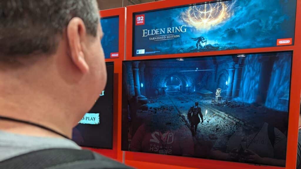 A person enjoys Elden Ring: Tarnished Edition on a gaming monitor at Fan Expo Canada 2025 on Nintendo Switch 2.
