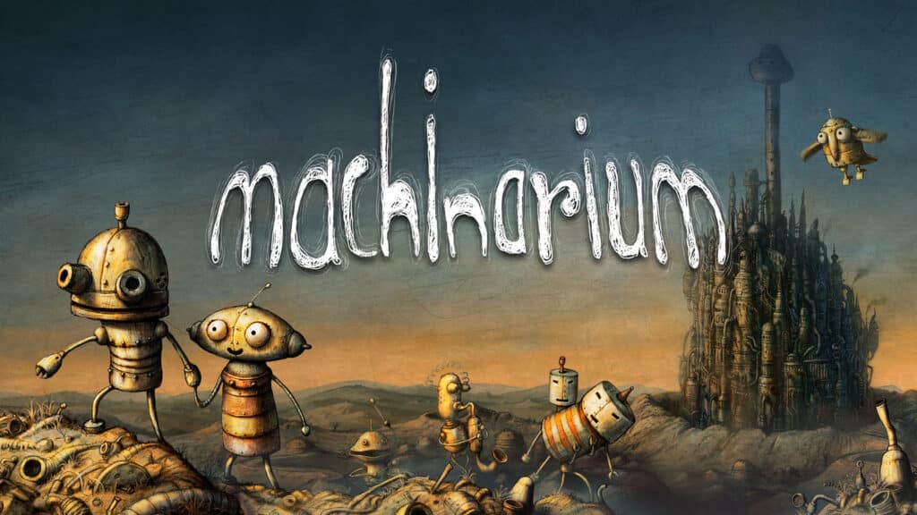 Robots walk in a surreal landscape in the game Machinarium, which is free this week on the Epic Games Store.