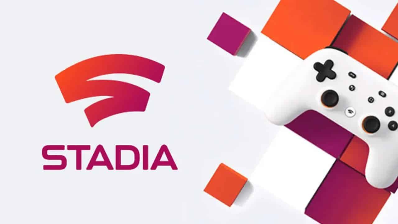 Stadia logo and text next to a white game controller rest on red, purple, and orange square tiles—an image reminiscent of the days when the former Google Stadia Community Manager led vibrant gaming discussions.