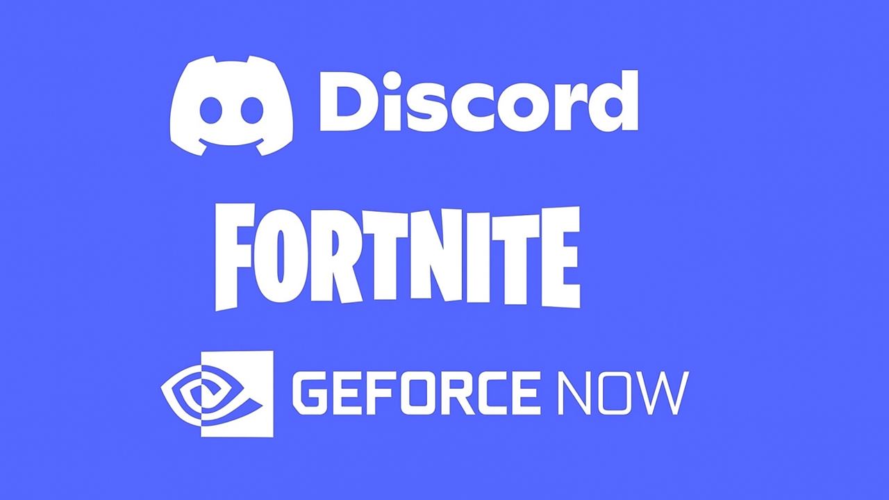 Logos and names of Fortnite, Discord, and GeForce Now are displayed on a solid blue background.