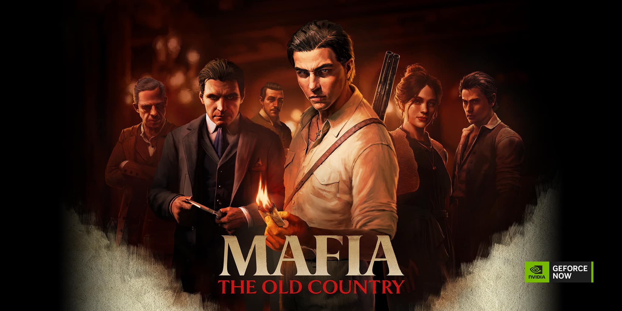A group of serious people in vintage clothes stand together; text reads "Mafia: The Old Country.