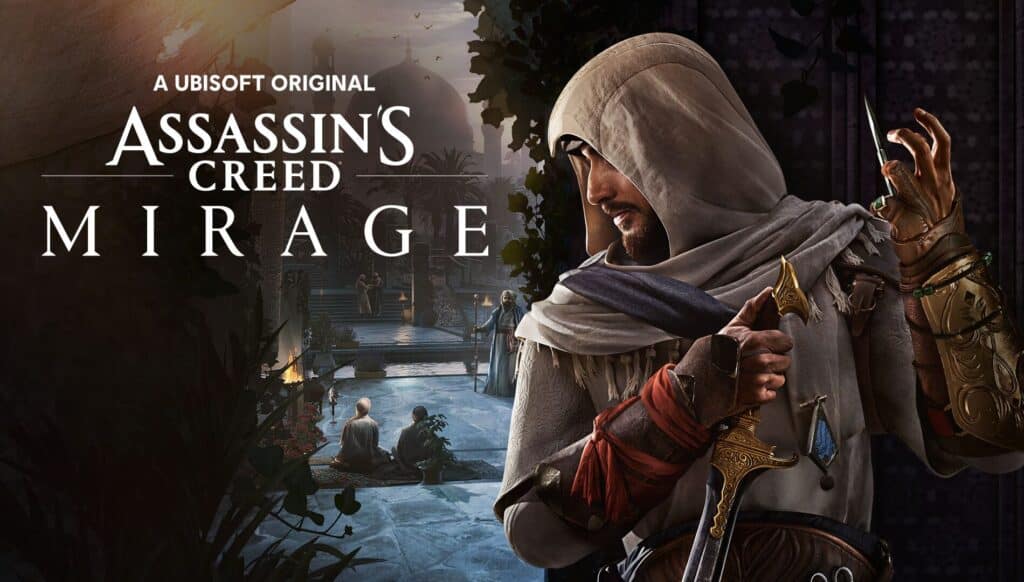 A hooded character with a dagger stands before an ancient city; text reads "Assassin's Creed Mirage," one of the anticipated Xbox Game Pass Games August 2025.