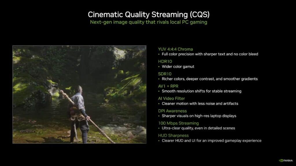 A man with a spear stands in a lush forest, next to a stream, facing a large bear. GeForce NOW RTX 5080 features are listed, highlighting the power behind your ultimate streaming experience.