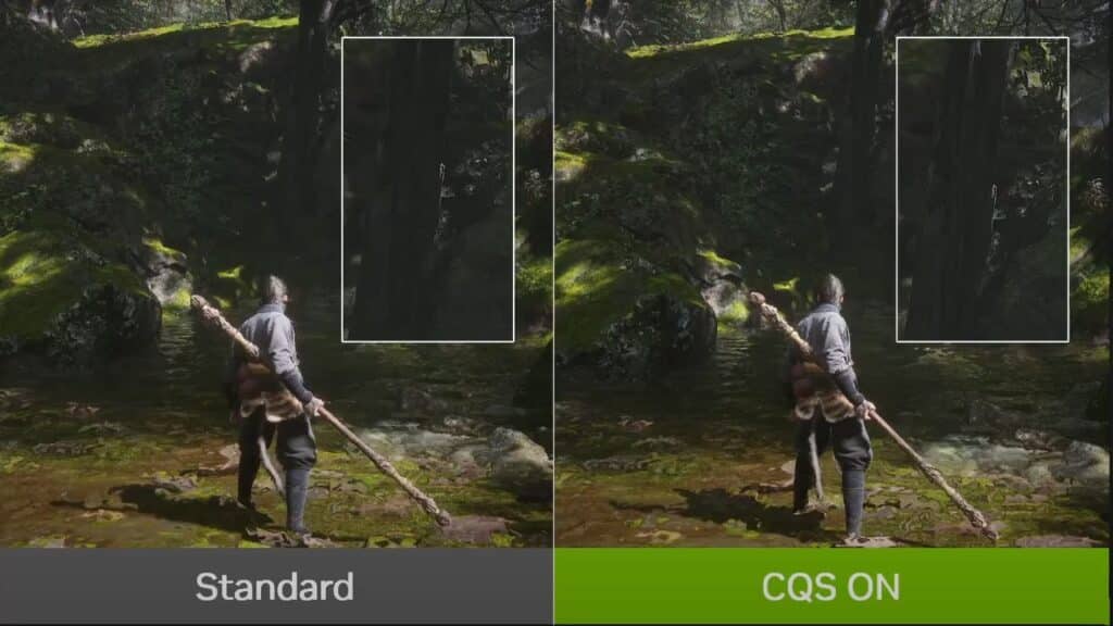 Side-by-side game scenes on GeForce NOW RTX 5080 compare "Standard" and "CQS ON" modes, highlighting differences in shadows.