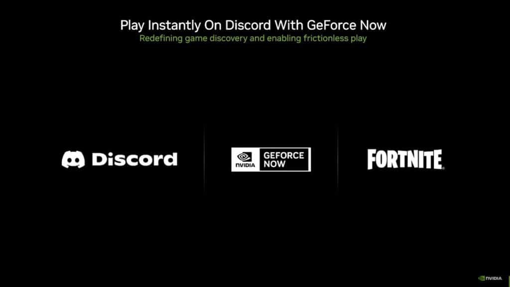 Black background featuring Discord, GeForce Now RTX 5080, and Fortnite logos, with text highlighting the ability to play instantly on Discord.