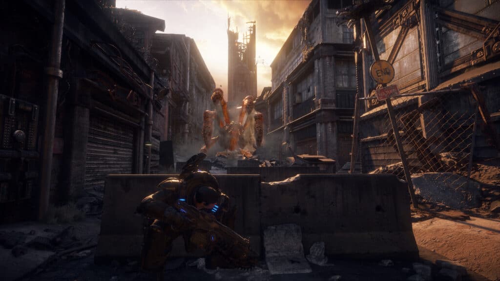 A soldier in Gears of War Reloaded–style futuristic armor crouches behind rubble in a ruined city as three monsters approach in the distance.