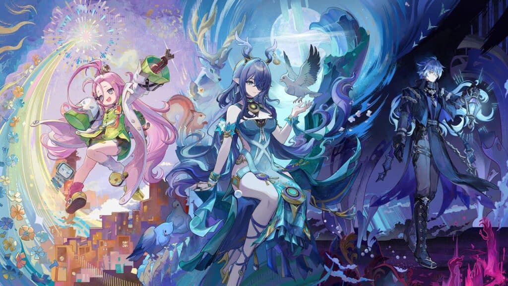 Three fantasy characters in vibrant, colorful outfits with magical elements and dynamic backgrounds, inspired by Genshin Impact Version Luna I.