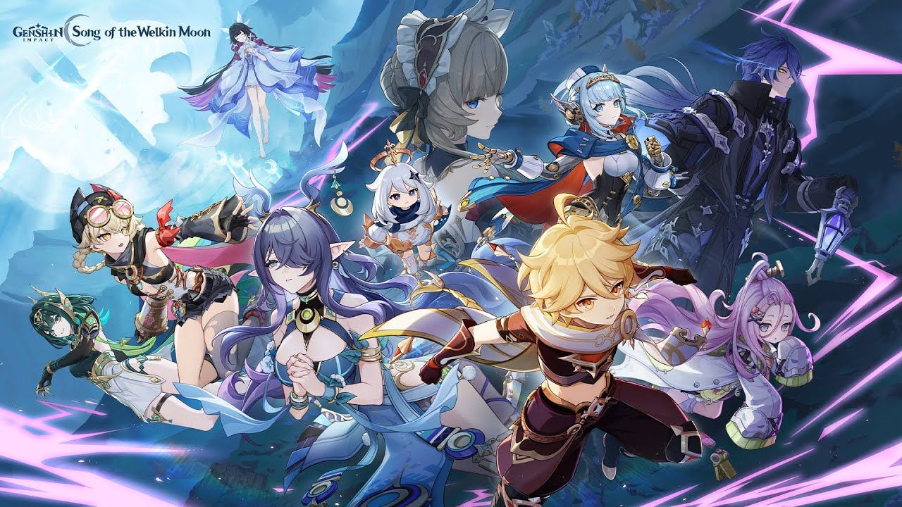 Anime-style characters from Genshin Impact Version Luna I posed dynamically with a fantasy landscape and striking lightning effects.