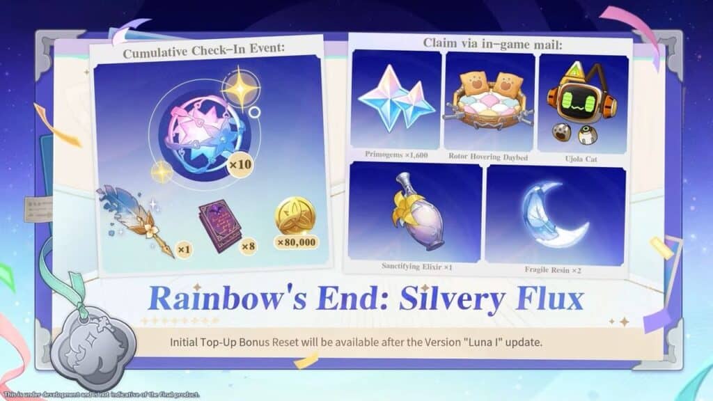 Genshin Impact Version Luna I event screen showing rewards like Primogems, a book, Mora, and various in-game items.