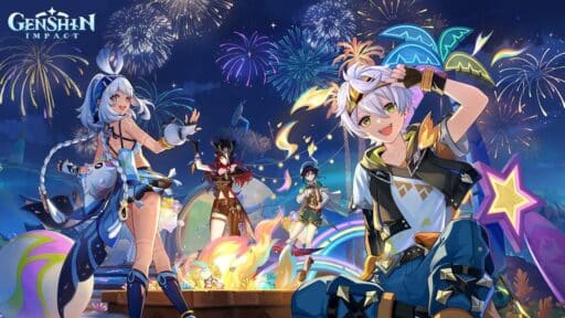 Four Genshin Impact characters pose at a vibrant festival with fireworks and colorful lights in the background, capturing a lively moment amidst talk of the Genshin Impact PS4 delisting.