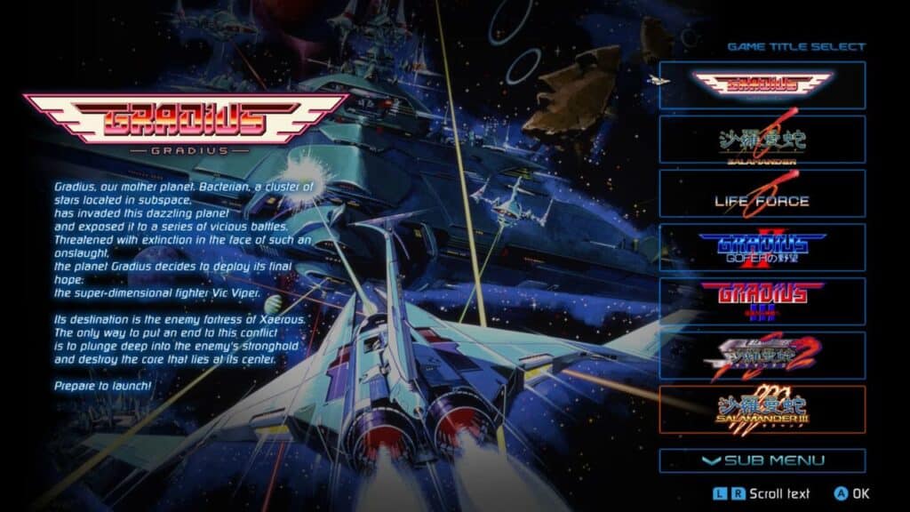 A spaceship flies toward a massive battle cruiser in space; a menu of Gradius game titles, including Gradius Origins, appears on the right.