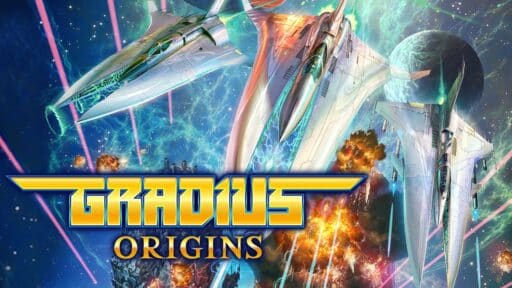 Two futuristic spacecraft soar through space amid explosions, with "Gradius Origins" boldly displayed below.
