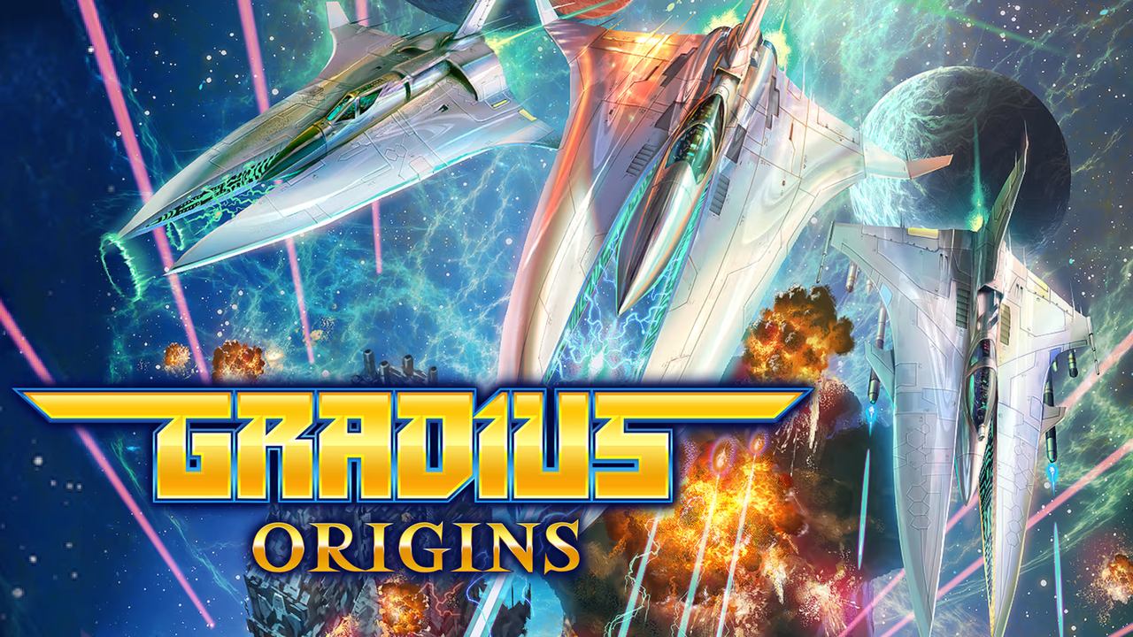 Two futuristic spacecraft soar through space amid explosions, with "Gradius Origins" boldly displayed below.