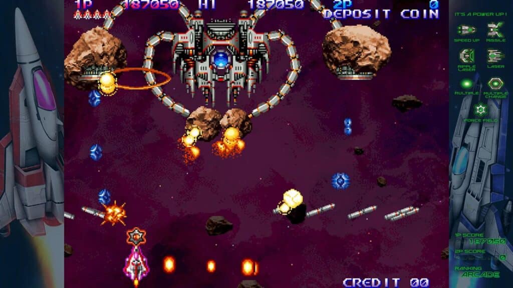 Arcade space shooter game screen inspired by Gradius Origins, featuring spaceships, asteroids, enemy boss, and colorful explosions.