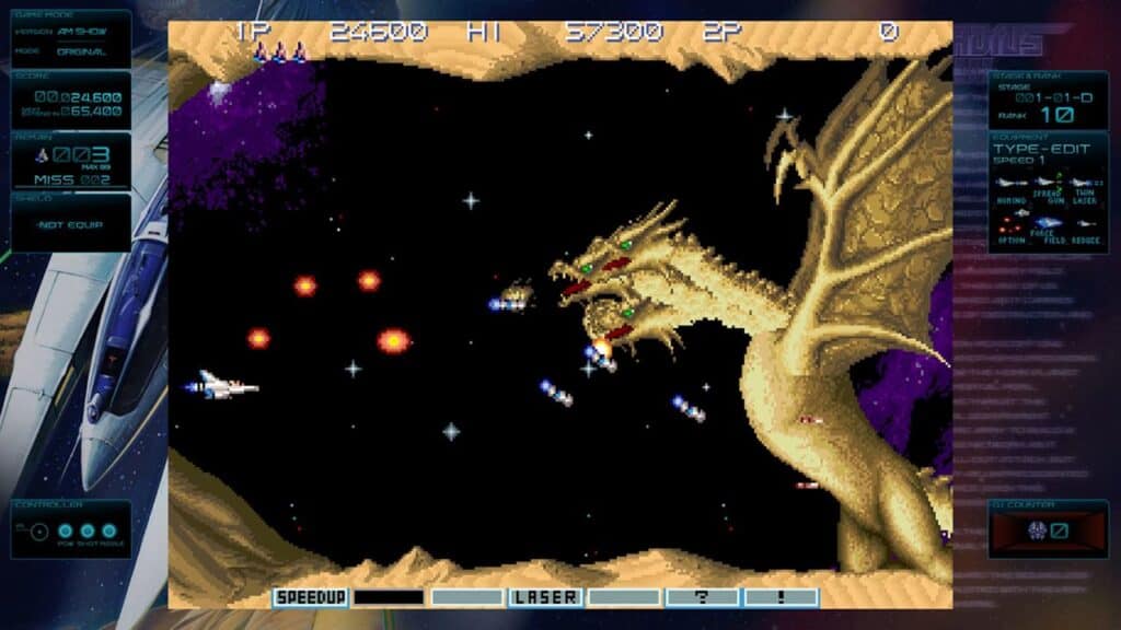 A pixelated spaceship battles a three-headed dragon, dodging fireballs in Gradius Origins, a retro arcade space game.