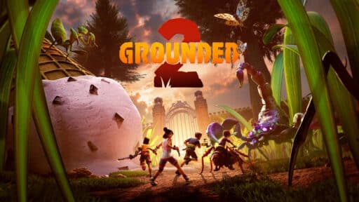 Five kids dash through a backyard, dodging giant insects, as the "Grounded 2" game logo looms above them.