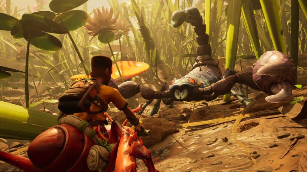 A person riding an insect confronts a giant scorpion in a lush, oversized garden environment, reminiscent of thrilling Grounded 2 adventures.