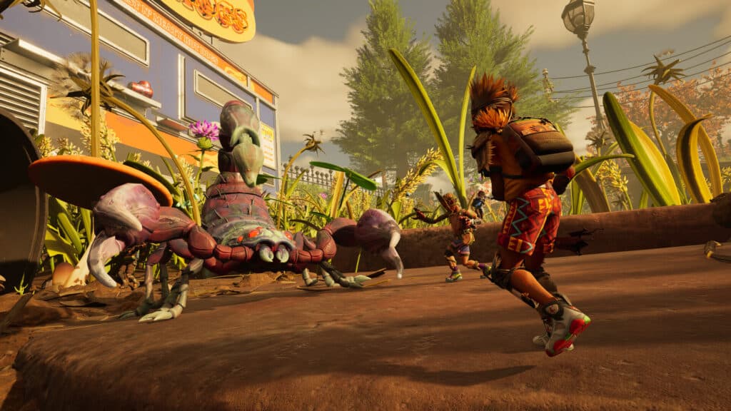 In Grounded 2, a child bravely confronts a giant armored insect, clutching a weapon in a backyard filled with towering grass and oversized plants.