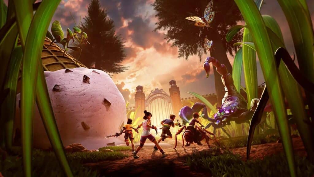 Tiny people run from giant insects in a garden with tall grass and a sunset sky, evoking the thrilling world of Grounded 2.