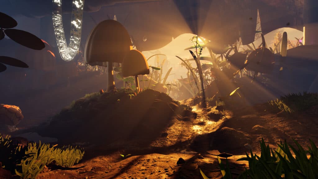 Sunlight shines through a cave with large mushrooms and plants in Grounded 2, creating a magical, glowing atmosphere.