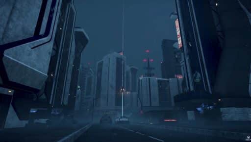 A futuristic city at night with tall buildings, neon lights, and cars driving on a misty road, sets the stage for an epic Helldivers 2 Halo 3 ODST crossover adventure.