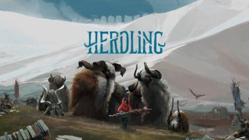 A person in a red cloak herds large, furry, horned creatures—Herdling—in snowy mountains under the bold word "HERDLING.