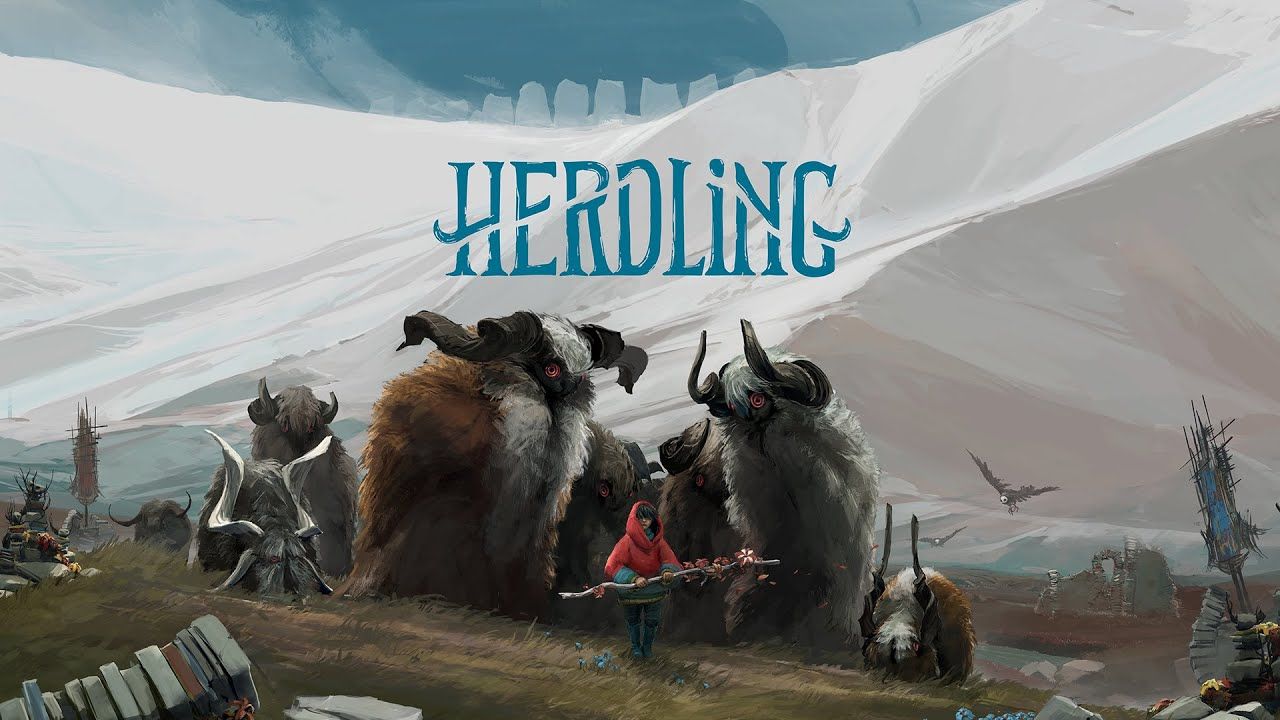 A person in a red cloak herds large, furry, horned creatures—Herdling—in snowy mountains under the bold word "HERDLING.
