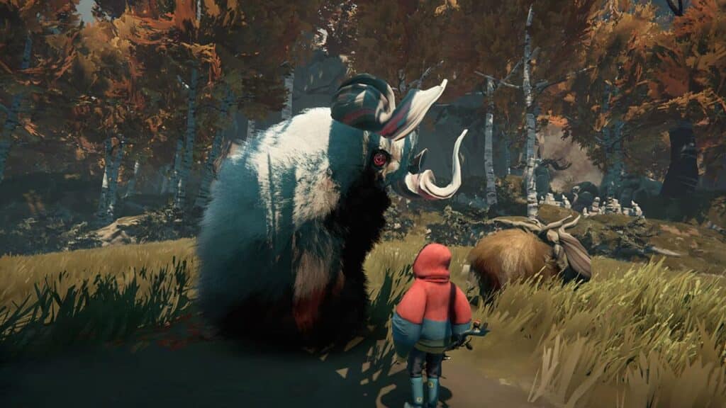 A child in a red hood faces a large, furry Herdling with impressive tusks in a colorful autumn forest.