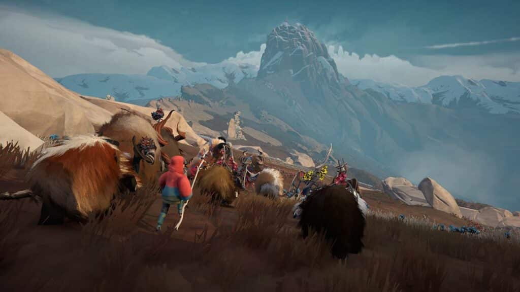 A Herdling in red leads furry animals and people with spears across a rocky landscape beneath a snowy mountain.