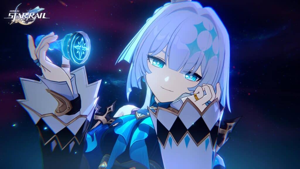 Cerydra, holding a glowing blue orb, set against a starry background inspired by Honkai Star Rail Version 3.5.