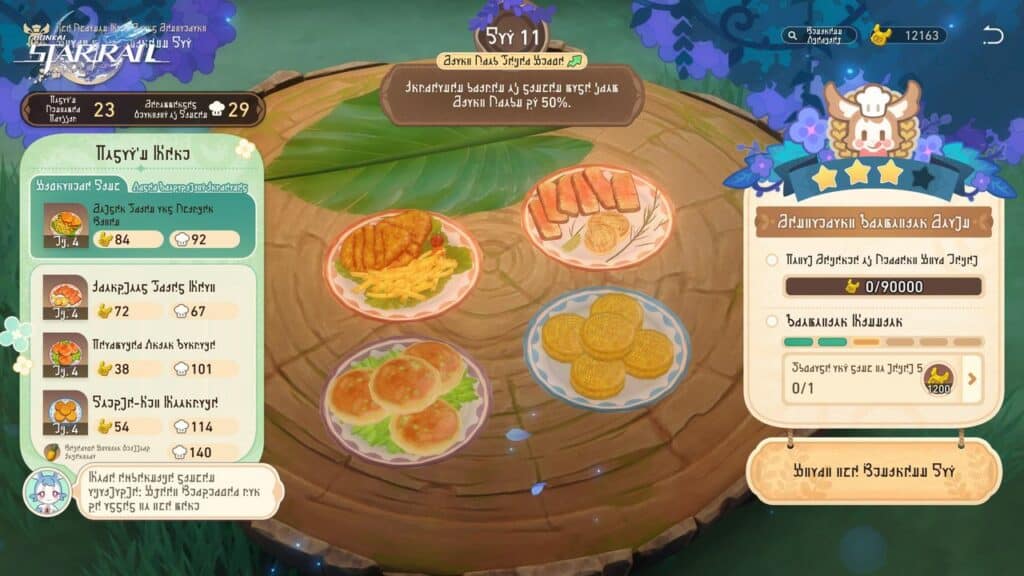 A mini game called Chrysos Maze Grand Restaurant in Honkai Star Rail Version 3.5 shows six plates of food on a table with various stats and menu options in Thai text.