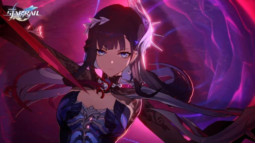 Hysilens stands against a glowing, purple background, inspired by Honkai Star Rail Version 3.5.