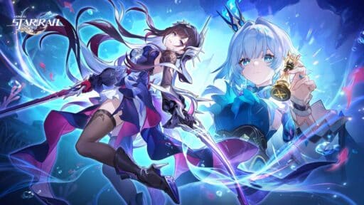 Two anime-styled female warriors with swords and blue accents, surrounded by swirling energy and underwater effects, evoke the dynamic visuals of Honkai Star Rail Version 3.5.