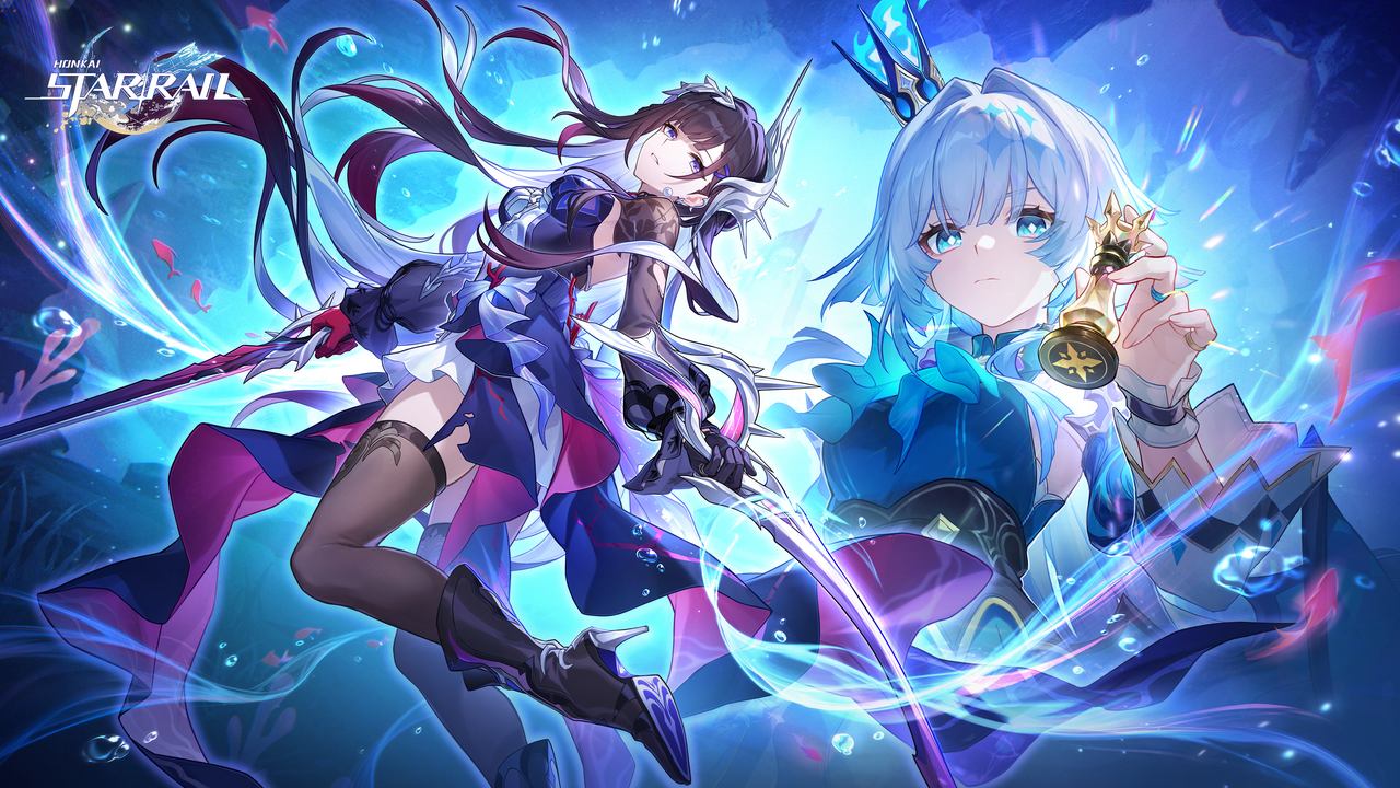 Two anime-styled female warriors with swords and blue accents, surrounded by swirling energy and underwater effects, evoke the dynamic visuals of Honkai Star Rail Version 3.5.