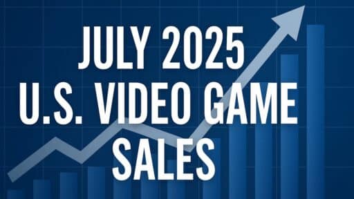 Text "July 2025 U.S. Video Game Sales" over a rising bar chart and upward arrow on a blue background.