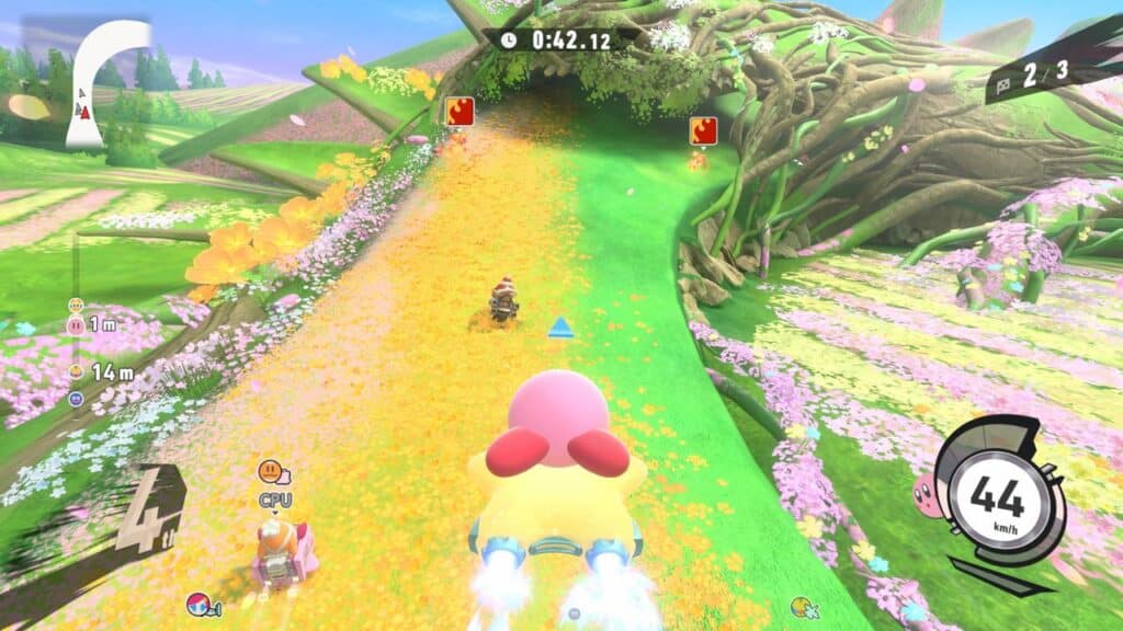 A colorful racing video game scene inspired by Kirby Air Riders, with cartoon characters zooming along a vibrant, flower-filled track.