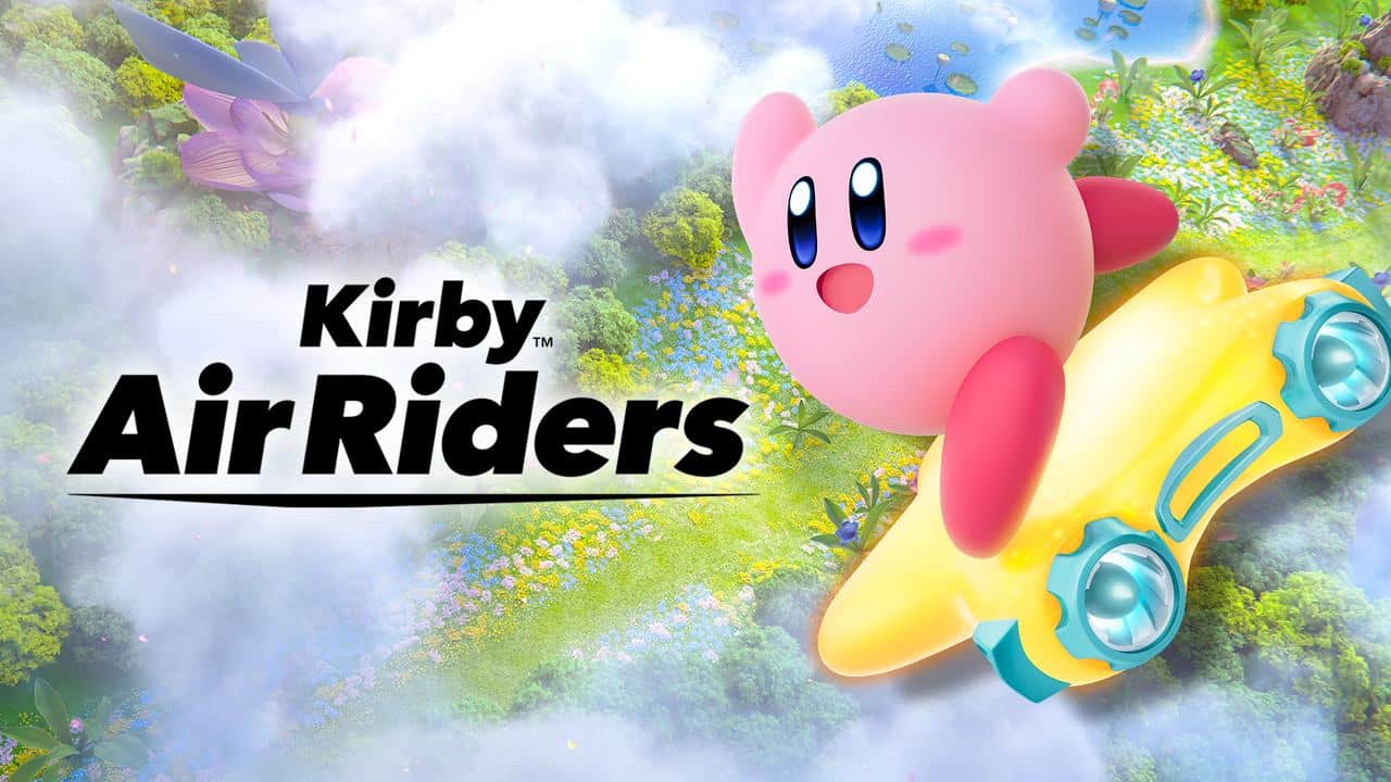 Kirby Air Riders features Kirby soaring through the clouds on his yellow star vehicle, with vibrant "Kirby Air Riders" text on a colorful background.
