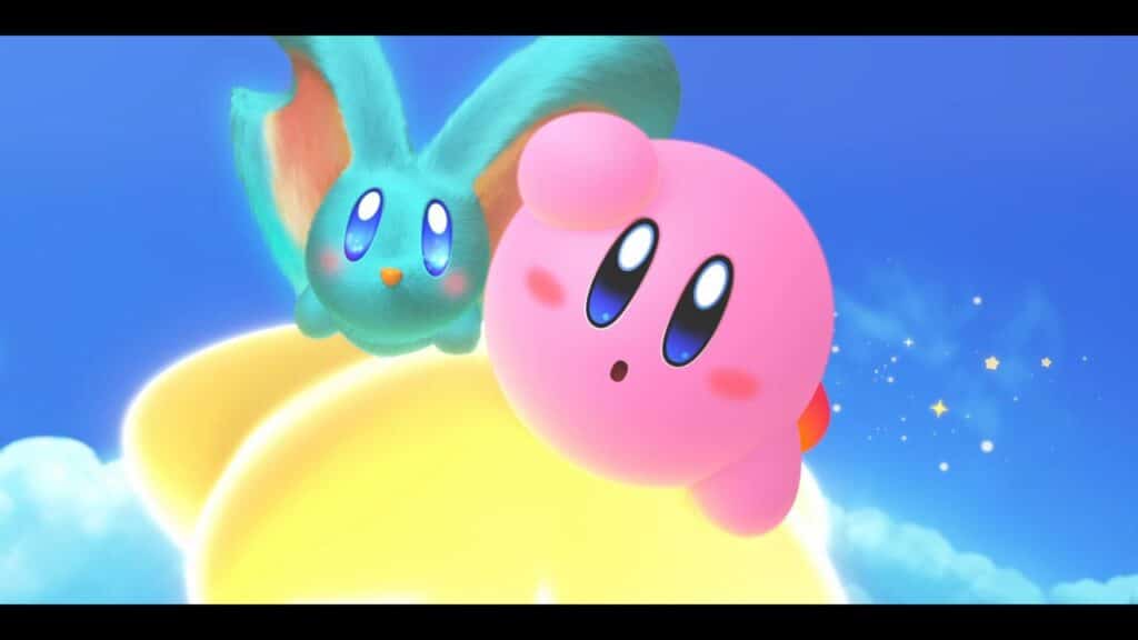 Kirby and a blue creature ride a glowing star through a bright, blue sky in Kirby and the Forgotten Land: Nintendo Switch 2 Edition and Star-Crossed World.