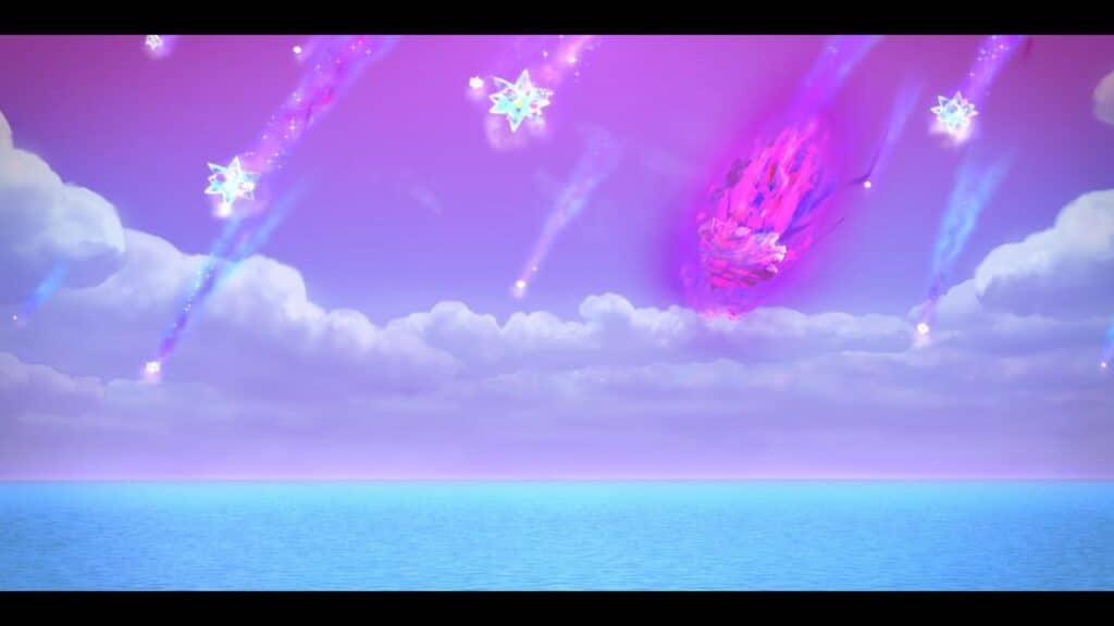 Colorful comets and glowing snowflakes streak through a pink sky above a calm blue ocean, evoking the wondrous charm of Kirby and the Forgotten Land: Nintendo Switch 2 Edition and Star-Crossed World.