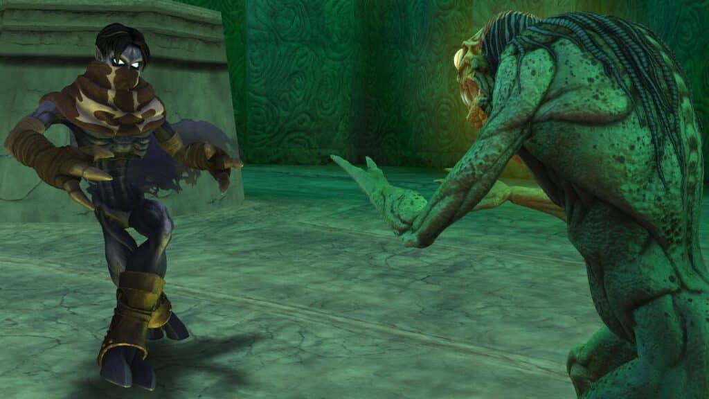A blue-skinned warrior in Legacy of Kain Soul Reaver 1 & 2 Remastered faces a green, monster-like creature in a dim, stone-walled chamber, reminiscent of classic GOG games on Amazon Luna.