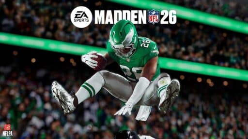 A football player in a green uniform leaps over a defender on the cover of Madden NFL 26, setting the scene for an exciting Madden 26 review.