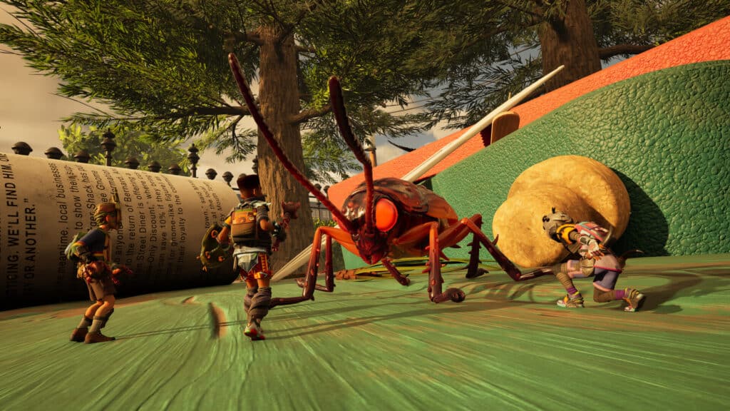 Four tiny kids face a large insect on a colorful playground, surrounded by giant everyday objects in this Grounded 2-inspired adventure.