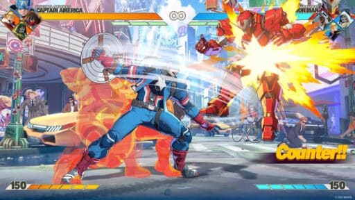 Captain America attacks Iron Man with his shield in a colorful city street fighting game during the Marvel Tōkon: Fighting Souls closed beta, as "Counter!!" flashes on screen.